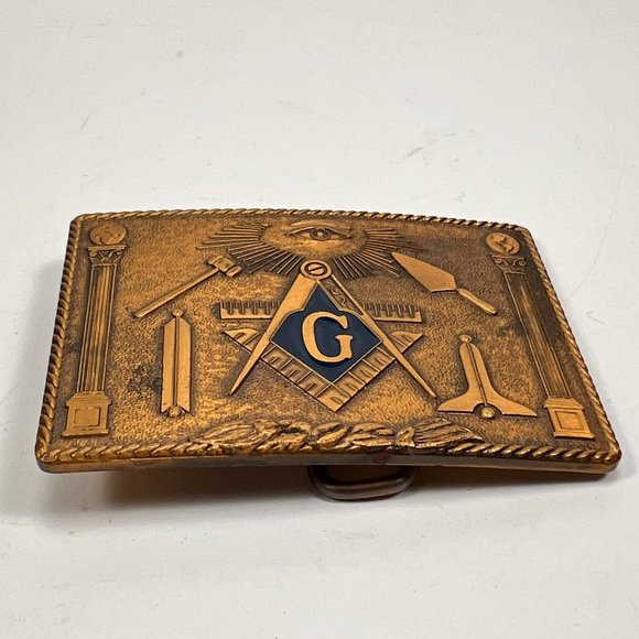 Vtg Masonic Freemason Bronze Metal Enamel Belt Buckle Harry Klitzner USA 70s - Picture 2 of 13